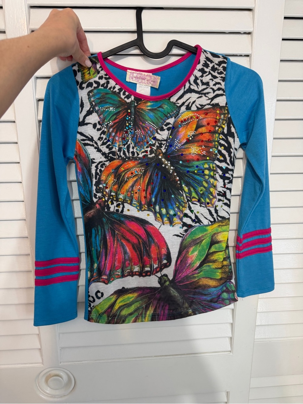Paulinie collection Girls Blue Long-Sleeve Butterfly Graphic Top